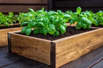 A backyard herb garden with wooden planter boxes, fragrant herbs, and a rustic wooden sign