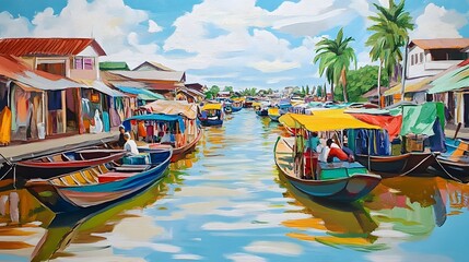 Obraz premium Front view of a floating market in Amphawa, with colorful boats and vibrant local vendors