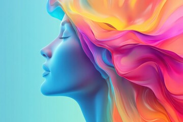 Abstract portrait of a digital woman with colorful flowing hair against a bright blue background, symbolizing creativity and expression through vibrant colors