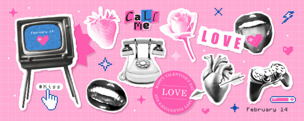 Set of retro elements for Valentines Day. Collection of halftone stickers , paper cut out design elements in Y2K style, modern romantic collage with pixel details. Trend vector pack