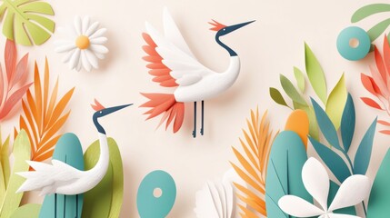 Naklejka premium Colorful paper art featuring elegant cranes amidst vibrant foliage and flowers, creating a whimsical and artistic nature scene.