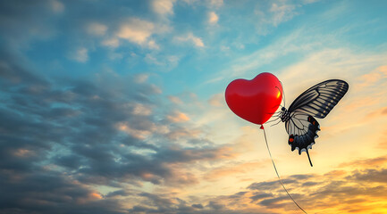 Fototapeta premium A heart-shaped balloon with butterfly wings floats against a vibrant sky, symbolizing love and freedom.