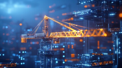 A futuristic construction scene featuring a bright crane amidst a digital landscape of glowing lights and structures.