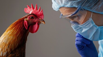Veterinarian in protective gear carefully inspecting poultry, emphasizing health and safety in animal care.