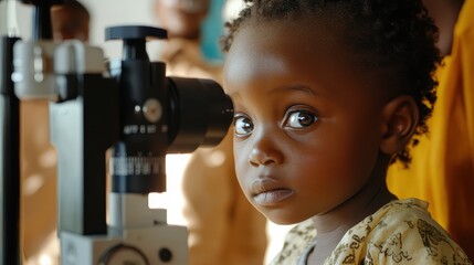 Young African child undergoing eye exam, close-up. Image depicts healthcare access, vision testing in developing countries.