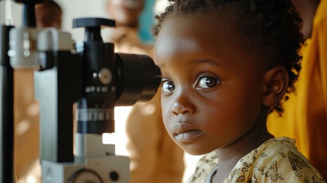 Young African child undergoing eye exam, close-up. Image depicts healthcare access, vision testing in developing countries.
