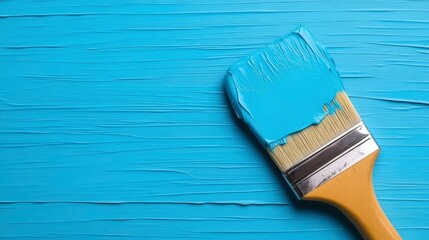 Paintbrush with Light Blue Paint on Wooden Surface