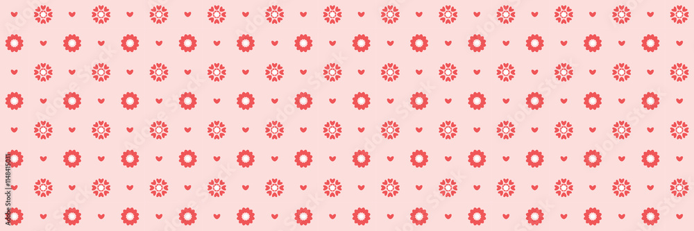 Poster heart flowers and minimalist dots pattern on soft pink valentines day seamless pattern long horizont