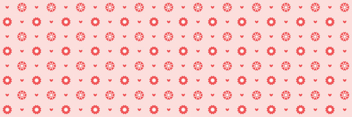 Heart Flowers and Minimalist Dots Pattern on Soft Pink Valentines Day seamless pattern Long horizontal web cover banner, sale header, voucher template. Wedding, packaging, wrapping paper,