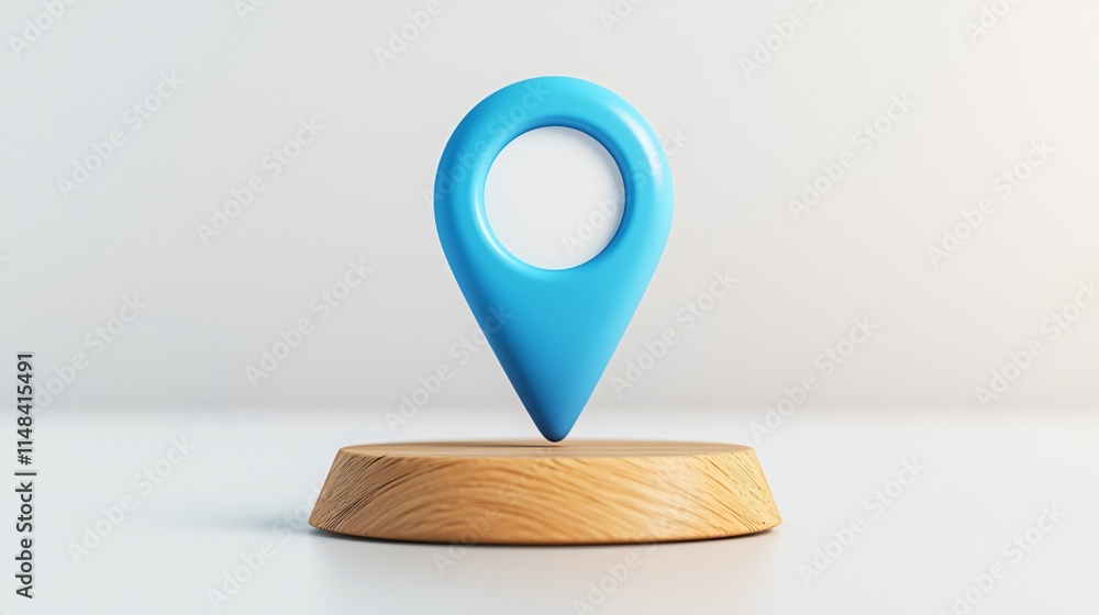 Poster 3d blue location marker on a wooden base, symbolizing navigation and mapping.