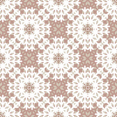 Beautiful Christmas seamless vector snowflake texture on beige background. Monochrome seasonal pattern for wrapping paper, greeting cards, invitations, gift boxes and web background.
