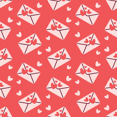 Charming Love Letter Pattern with Hearts on Coral Red Valentines Day seamless pattern Square vector backdrop, wedding, packaging, wrapping paper, wallpaper, fabric, textile, holiday template