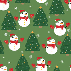 Seamless pattern cartoon snowman and christmas tree in winter day. cute winter wallpaper for fabric print, gift wrap paper