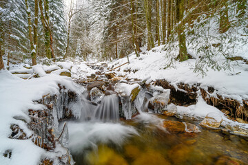 waterfall, autumn, ice, river, nature, winter, snow, frost, icicles, water, mountains, forest, landscape, mountains Jeseníky, mountain stream, stream, trees,