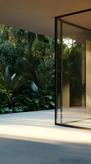 A modern glass structure blends with lush greenery, creating a serene outdoor space.