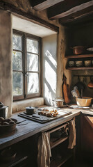 A rustic kitchen scene with natural light, showcasing baking ingredients and utensils.