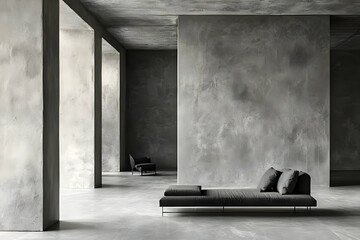 Minimalist interior featuring a gray palette and modern furniture for a serene ambiance.