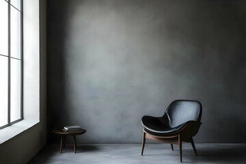 A minimalist interior featuring a sleek chair and side table against a muted wall.