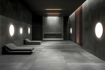 Modern, minimalist interior with lounge chairs and circular lights.