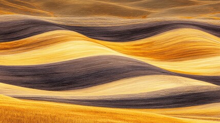 Abstract landscape of rolling hills in shades of gold and purple.