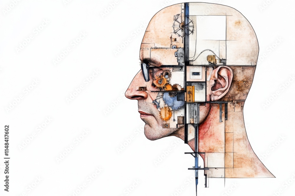 Poster a conceptual design of a head divided into geometric sections, with gears neatly positioned in one q