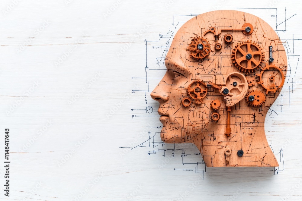 Poster A conceptual design of a head divided into geometric sections, with gears neatly positioned in one quadrant, all in muted tones