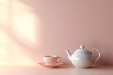 Fototapeta premium A blue teapot sits on a white table with a pink wall and sunbeams in the background. 