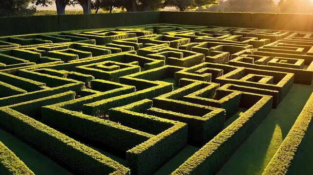 Beautiful Hedge Maze with Sunlit Pathways and Lush Greenery in a Tranquil Garden Landscape

