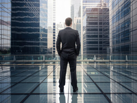 Hombre de negocios parado cerca de un paisaje urbano con edificios y reflejos
