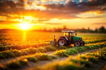 Fototapeta premium Tilt-Shift Sunset Tractor Field Photography: Miniature Farm Scene, Rural Landscape, Golden Hour