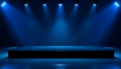 Dark futuristic blue modern podium with stage lights
