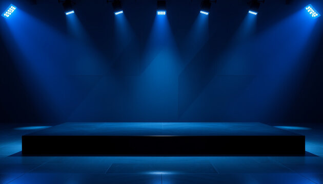 Dark futuristic blue modern podium with stage lights