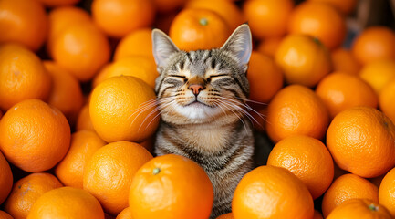 A playful cat relaxing among a vibrant pile of oranges, exuding a sense of contentment and joy amidst the bright, citrus backdrop.