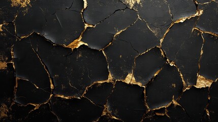 Black surface with gold cracks; elegant texture. Ideal for backgrounds, luxury designs, or artistic projects.