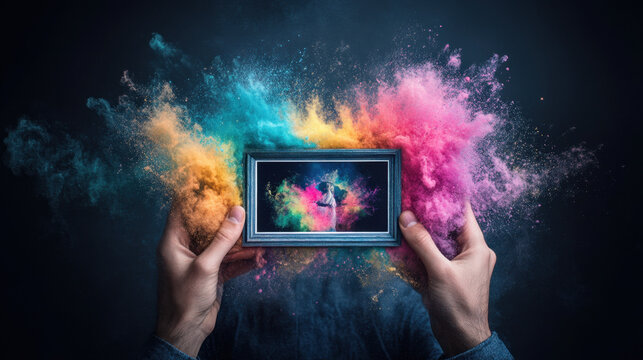 Dementia, A vibrant image of hands holding a screen, surrounded by colorful powder splashes, symbolizing creativity and digital art.