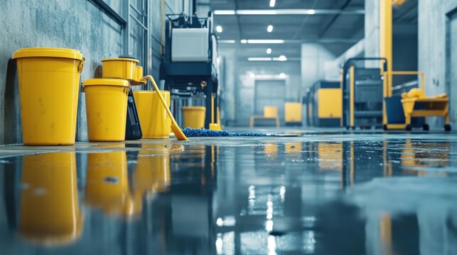 Yellow cleaning buckets sit on wet floor of industrial building. Shows aftermath of spill or cleaning process in factory setting.