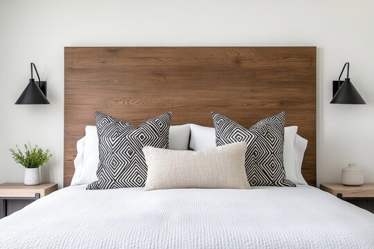 A cozy bed adorned with geometric-patterned bedding in neutral tones, complemented by angular bedside lamps