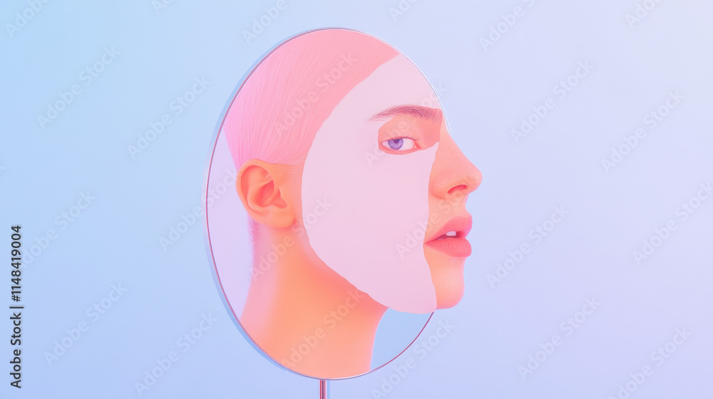 Poster dementia, a surreal portrait featuring a bald figure with a split-colored face, merging artistic exp