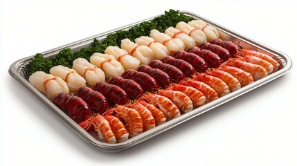 A premium selection of raw seafood, including lobster and shrimp, displayed on a silver platter.