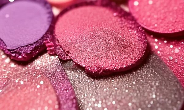 Close-up of vibrant, colorful crushed makeup powders in shades pink and purple
