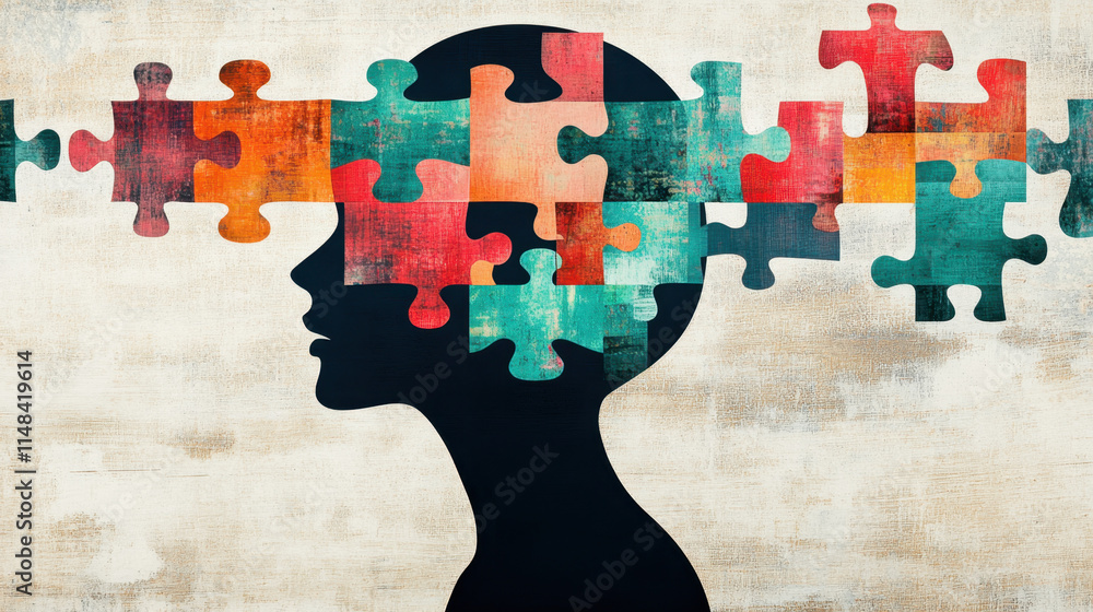 Poster dementia, a silhouette of a head with colorful puzzle pieces illustrating the complexity of thoughts