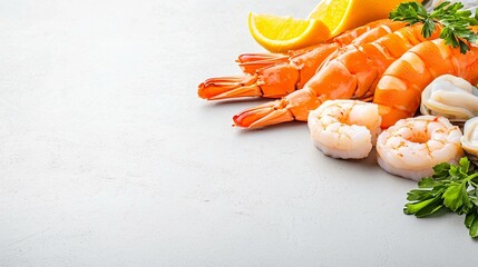 A seafood feast of raw shrimp, crab, and clams on a textured gray surface, highlighted by garnishes.