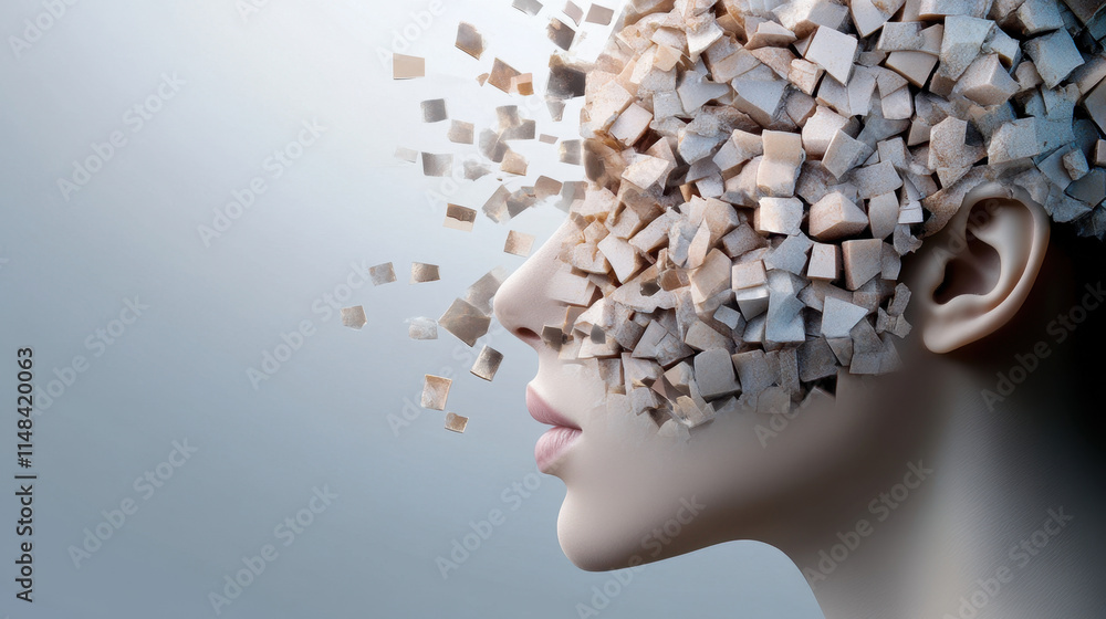 Aufkleber dementia, a fragmented face dissolving into small blocks, symbolizing the concepts of identity and t