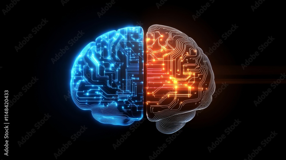 Poster digital brain. circuit patterns form glowing human brain. technology transforming ideas.
