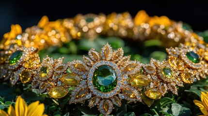 Luxurious golden necklace adorned with green and yellow gemstones, resting on yellow flowers.