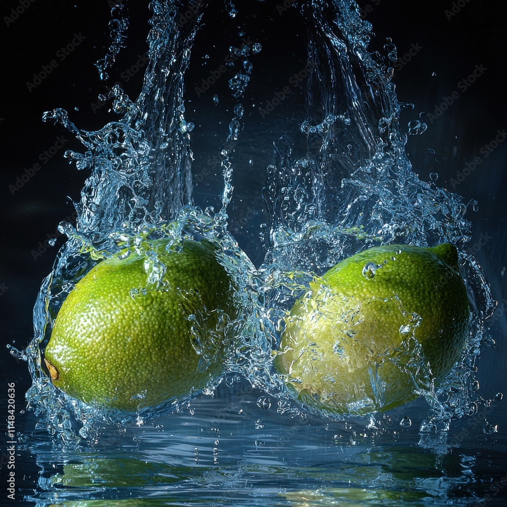 Aufkleber refreshing splash of limes in water studio setting high-resolution textures captivating details macr