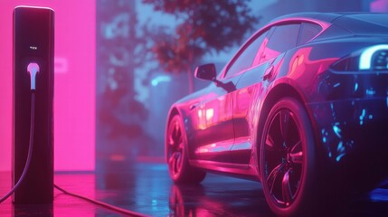 Close-up of Electric Car Plugged into Charging Station