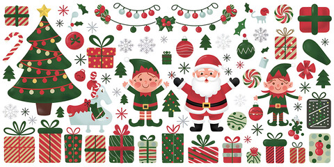 A winter festival scene with a Christmas tree, Santa Claus, elves, gift boxes, and candy canes