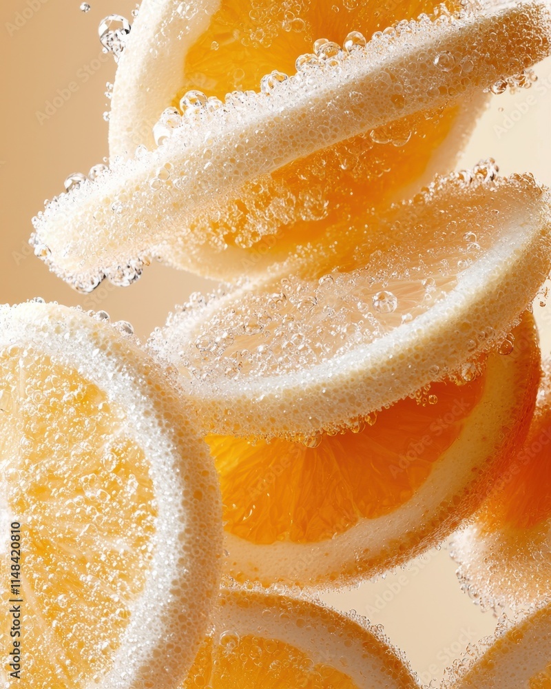 Poster refreshing citrus slices in bubbles studio high-resolution textures bright background close-up vibra