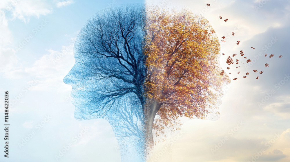 Poster dementia, a split image depicting a silhouette of a face merging with a tree, symbolizing the connec